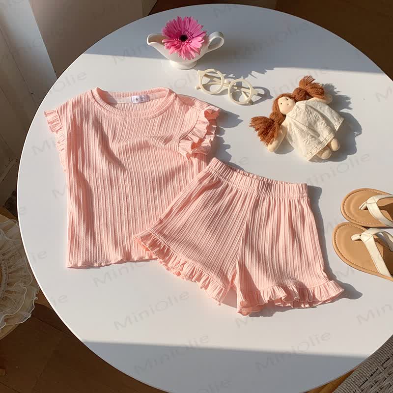 Zweiteiliges Set für Kleinkind : Weiches, Gerippt Rüschen-T-Shirt und Shorts - Rosa - 8-9J - image 2