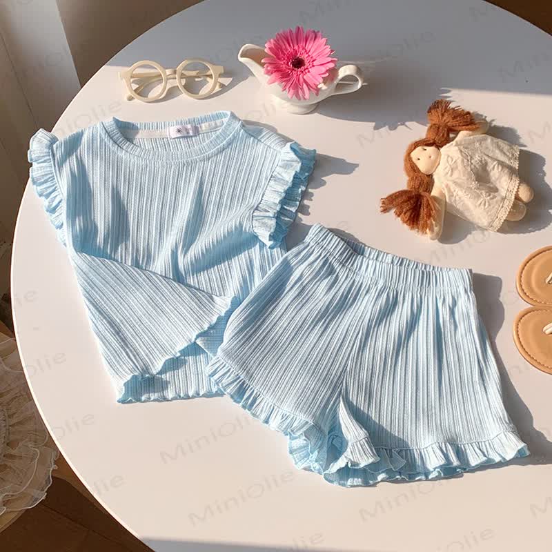 Zweiteiliges Set für Kleinkind : Weiches, Gerippt Rüschen-T-Shirt und Shorts - Blau - 8-9J - image 3