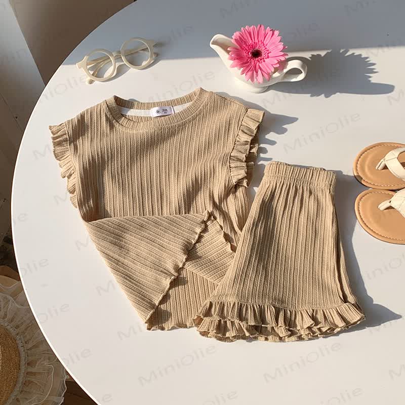 Zweiteiliges Set für Kleinkind : Weiches, Gerippt Rüschen-T-Shirt und Shorts - Kaffee - 8-9J - image 5