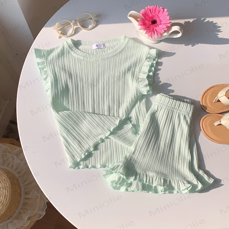Zweiteiliges Set für Kleinkind : Weiches, Gerippt Rüschen-T-Shirt und Shorts - Hellgrün - 8-9J - image 6