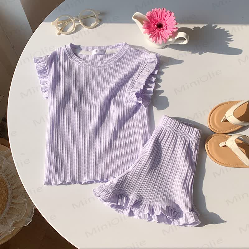 Zweiteiliges Set für Kleinkind : Weiches, Gerippt Rüschen-T-Shirt und Shorts - Lila - 8-9J - image 7