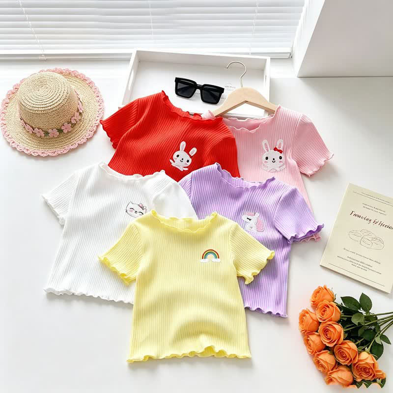 Kleinkind Baby Mädchen-T-Shirt mit Gerippt , Tier und Rüschenbesatz - image 1