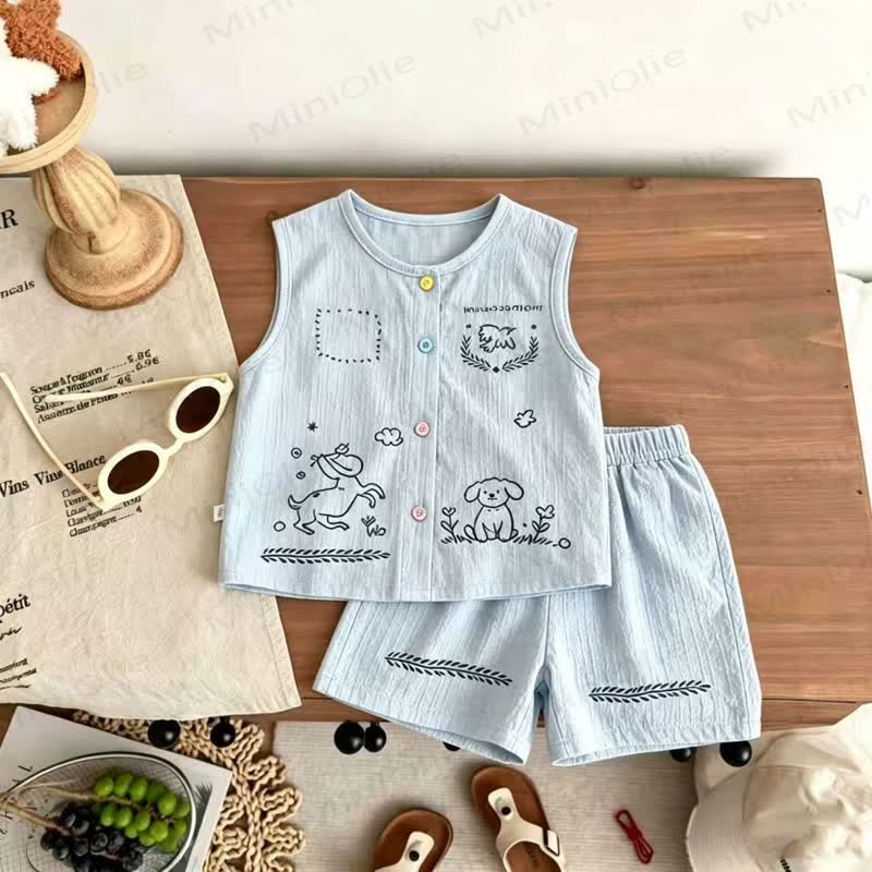 Zweiteiliges Set aus ärmellosem Tanktop und Shorts mit Hundeprint für Baby und Kind . - Blau - 12-13J - image 3