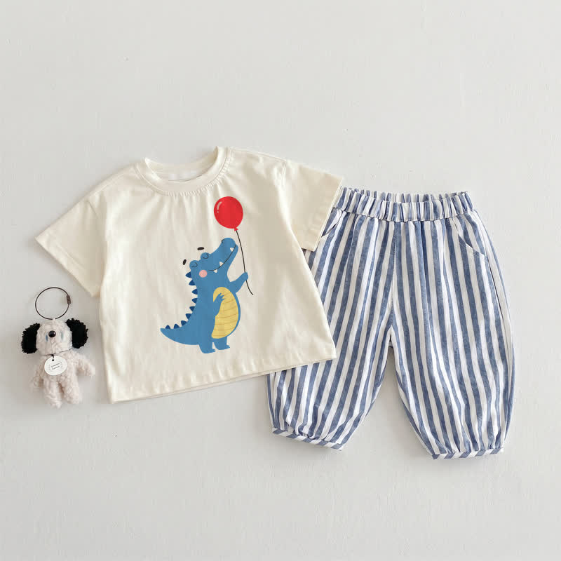 Baby Kleinkind Dinosaurier Set, beige & blau, vertikal Streifen, 2- Set - Beige & Blau - 3-4J - image 1
