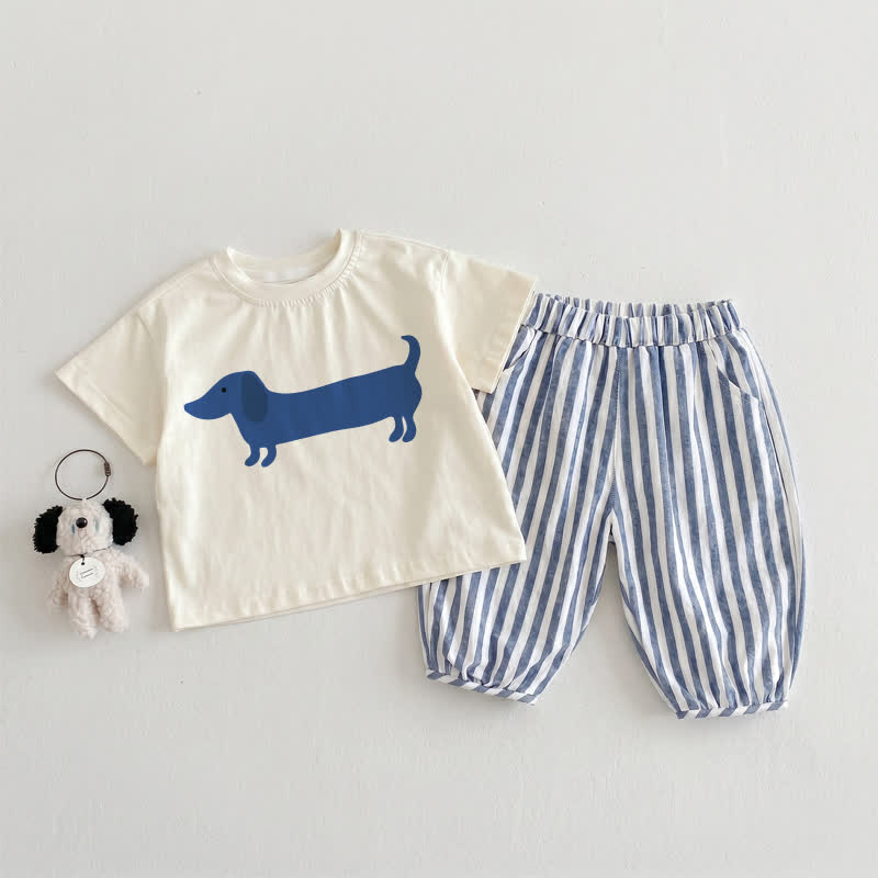 Baby Kleinkind -Dackel-Set, beige-blau Streifen , 2- Set - Beige & Blau - 3-4J - image 1