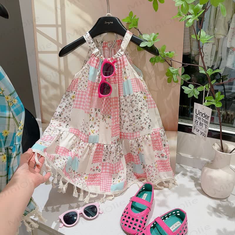 Patchwork-Quasten-ärmelloses Kleid für Kinder-Mädchen - Rosa Plaid - 12-13J - image 2