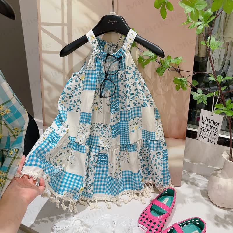 Patchwork-Quasten-ärmelloses Kleid für Kinder-Mädchen - Blau Plaid - 12-13J - image 6