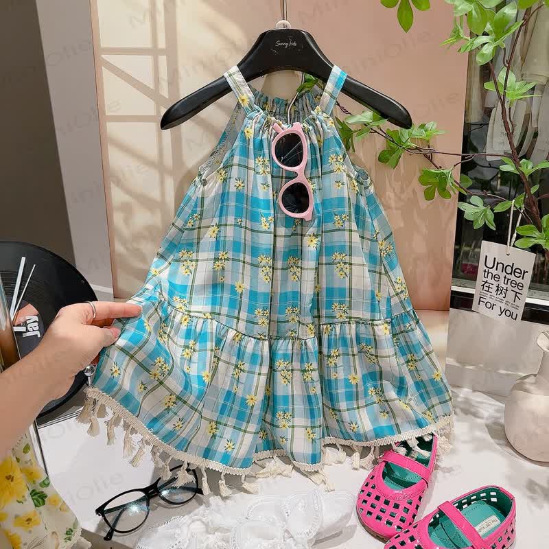 Patchwork-Quasten-ärmelloses Kleid für Kinder-Mädchen - Blau Blume - 12-13J - image 7