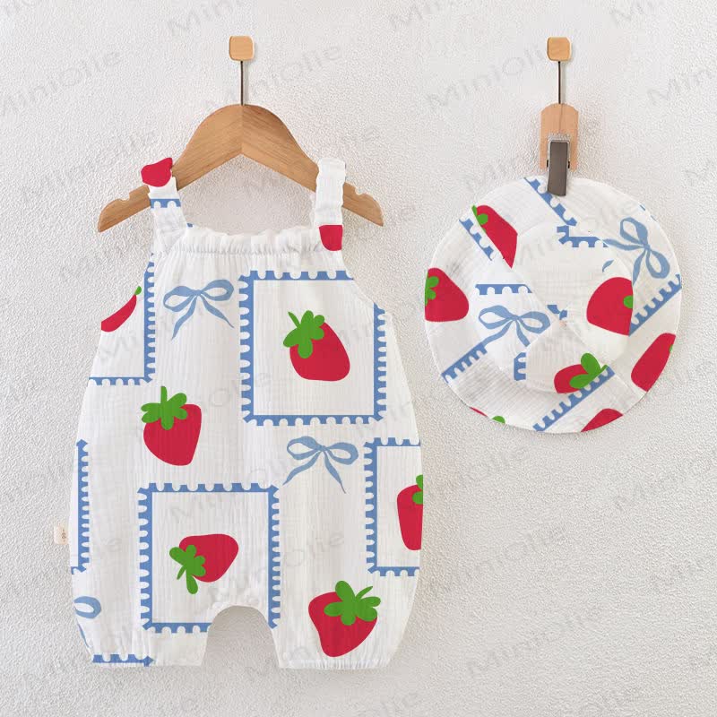 Baby Mädchen Strampler mit Erdbeere Schleifen und Strampler Hut - Weiß - 18-24M - image 1