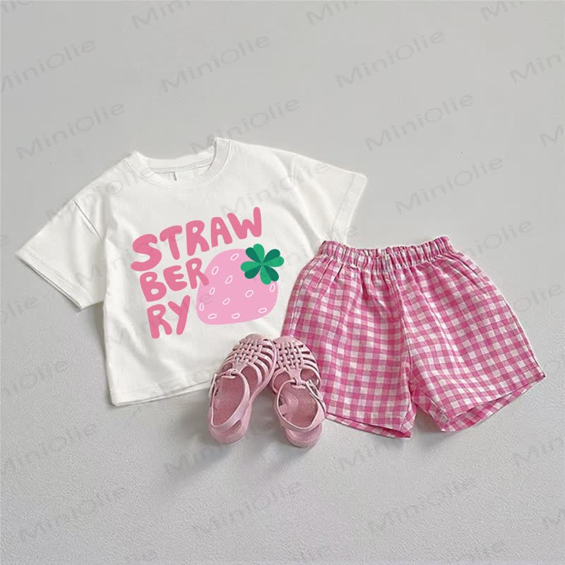 STRAWBERRY Baby T-Stück und Rosa Plaid Shorts , 2-teiliges Set - Weiß & Rosa - 3-5J - image 1