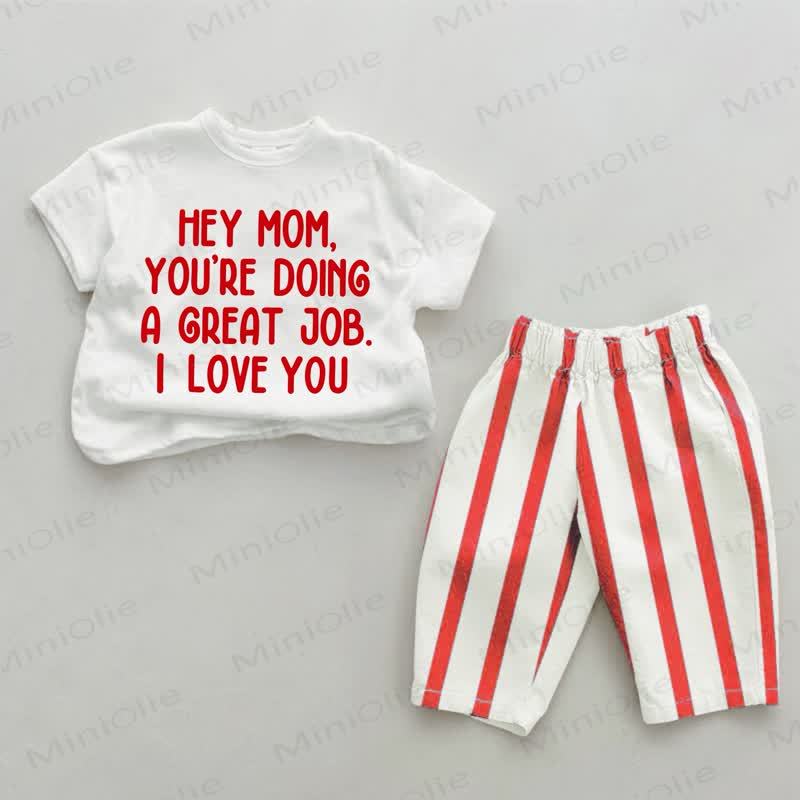 HEY MOM YOU'RE DOING A GREAT JOB I LOVE YOU! Baby Print, rot Streifen 2-teiliges Set - Weiß & Rot - 4-5J - image 1