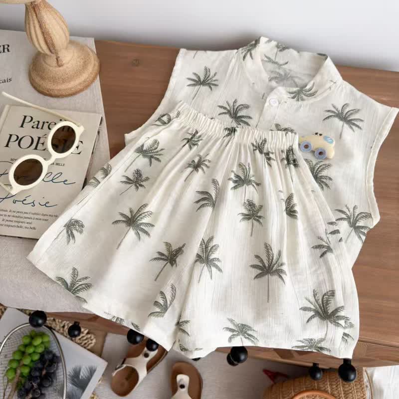 Beige , tropisches Palmen- Spitze und Shorts , 2-teiliges Set für Kleinkind - image 6