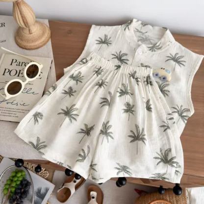 Beige , tropisches Palmen- Spitze und Shorts , 2-teiliges Set für Kleinkind - image 6