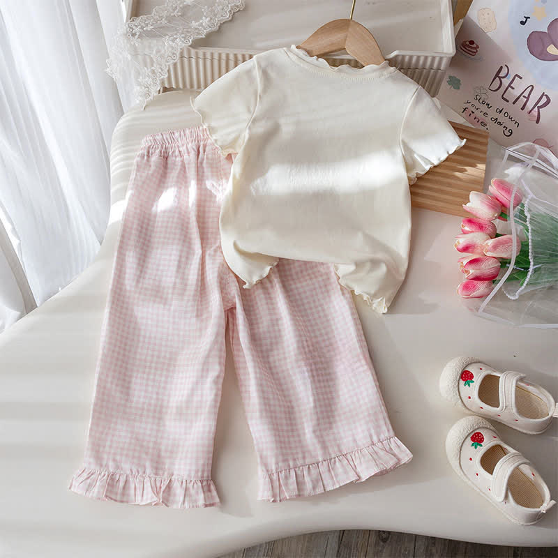 2-teiliges Set für Kleinkind : Weiß-rosa Schleife T-Stück und Gingham Hose - image 2