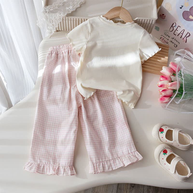 2-teiliges Set für Kleinkind : Weiß-rosa Schleife T-Stück und Gingham Hose - image 2