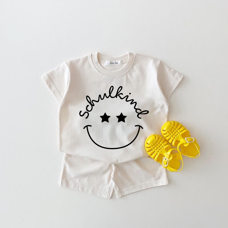SCHULKIND Baby Weißes Smiley Gesicht T-Stück und Shorts 2-teiliges Set - Weiß - 18-24M - image 1