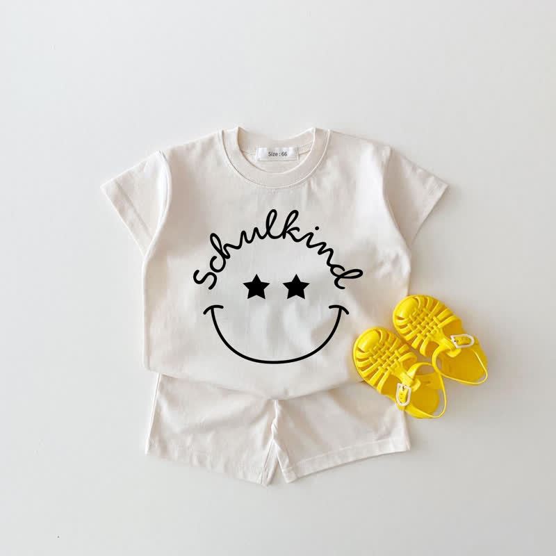 SCHULKIND Baby Weißes Smiley Gesicht T-Stück und Shorts 2-teiliges Set - Weiß - 18-24M - image 1
