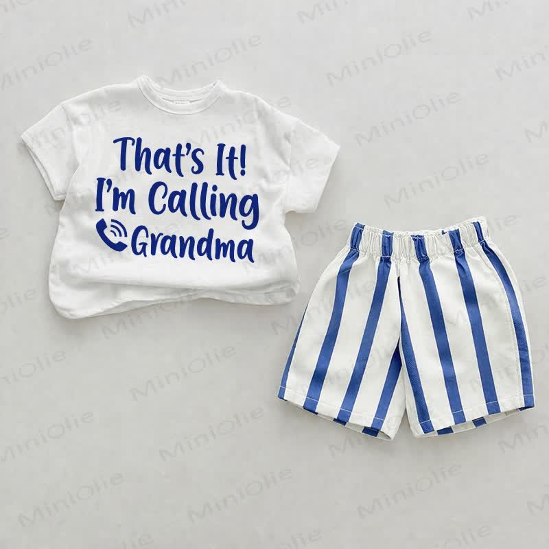 THAT'S IT! I'M CALLING GRANDMA AN! Baby T-Stück und Streifen Shorts, 2-teiliges Set - Weiß & Blau - 2-3J - image 1