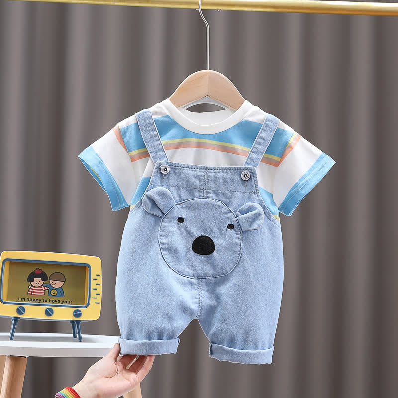 2-teiliges Set aus Streifen T-Stück und Overalls mit Bär für Baby und Kleinkind - Blau - 3-4J - image 2
