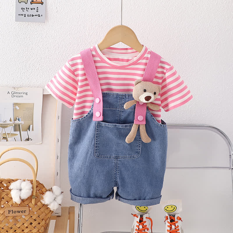 2-teiliges Set für Baby und Babys: Streifen T-Stück und Denim Overalls - Rosa - 4-5J - image 1
