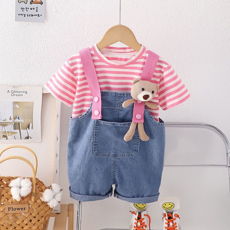 2-teiliges Set für Baby und Babys: Streifen T-Stück und Denim Overalls - Rosa - 4-5J - image 1