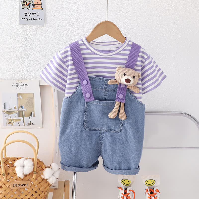 2-teiliges Set für Baby und Babys: Streifen T-Stück und Denim Overalls - Lila - 4-5J - image 2
