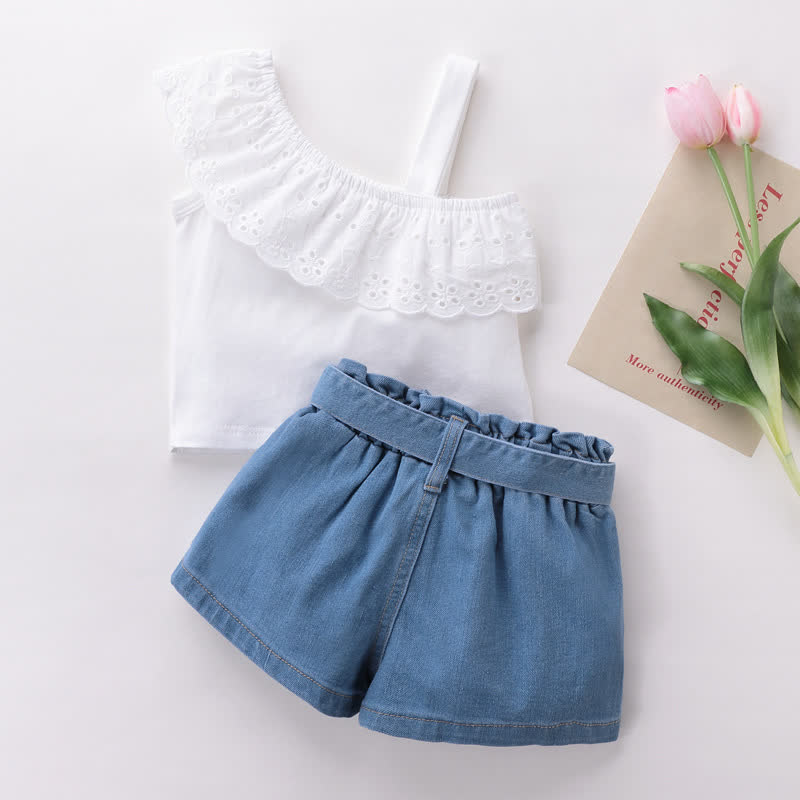 Zweiteiliges Set für Baby und Babys : Ärmelloses One-Shoulder Spitze und Denim - Weiß - 4-5J - image 2