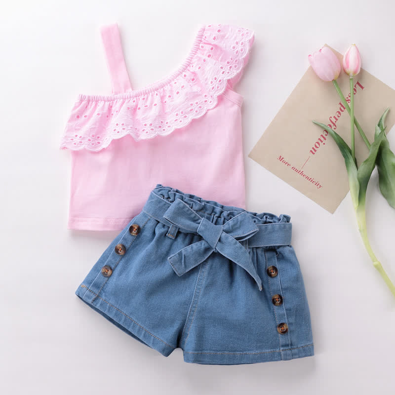 Zweiteiliges Set für Baby und Babys : Ärmelloses One-Shoulder Spitze und Denim - Rosa - 4-5J - image 4