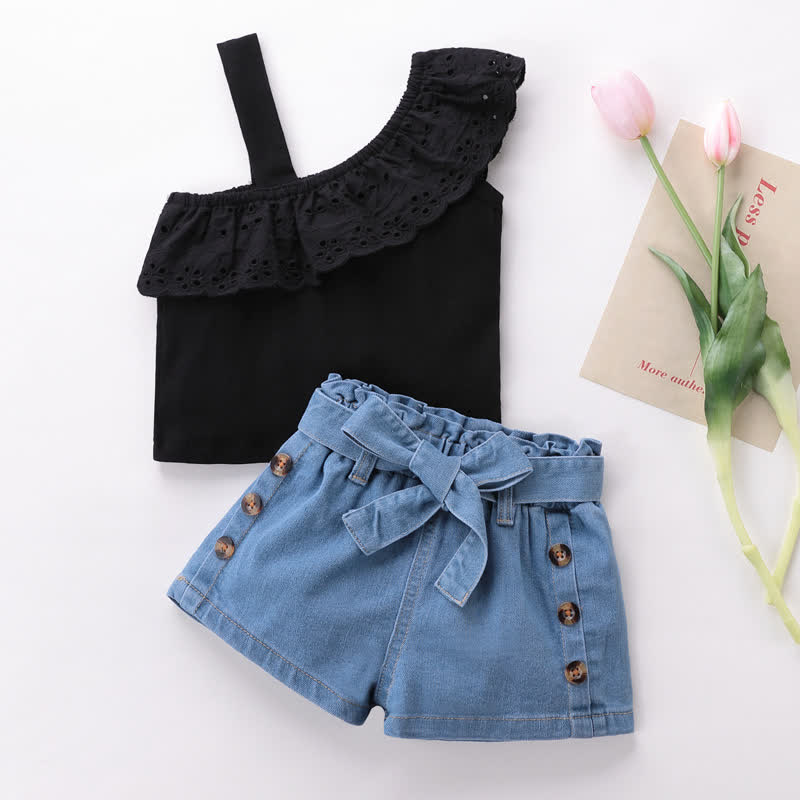 Zweiteiliges Set für Baby und Babys : Ärmelloses One-Shoulder Spitze und Denim - Schwarz - 4-5J - image 3