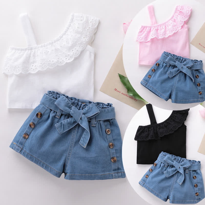 Zweiteiliges Set für Baby und Babys : Ärmelloses One-Shoulder Spitze und Denim - image 1