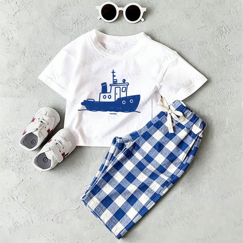 2-teiliges Set aus Hose -Shirt mit Baby -Schiff-Print und Blau Plaid - Weiß & Blau - 2-3J - image 1