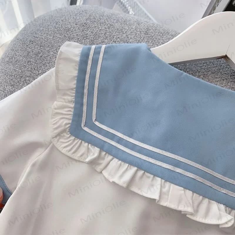 2-teiliges Set für Kleinkind und Mädchen: Matrosen T-Stück mit Rüschenkragen und Rock - image 4