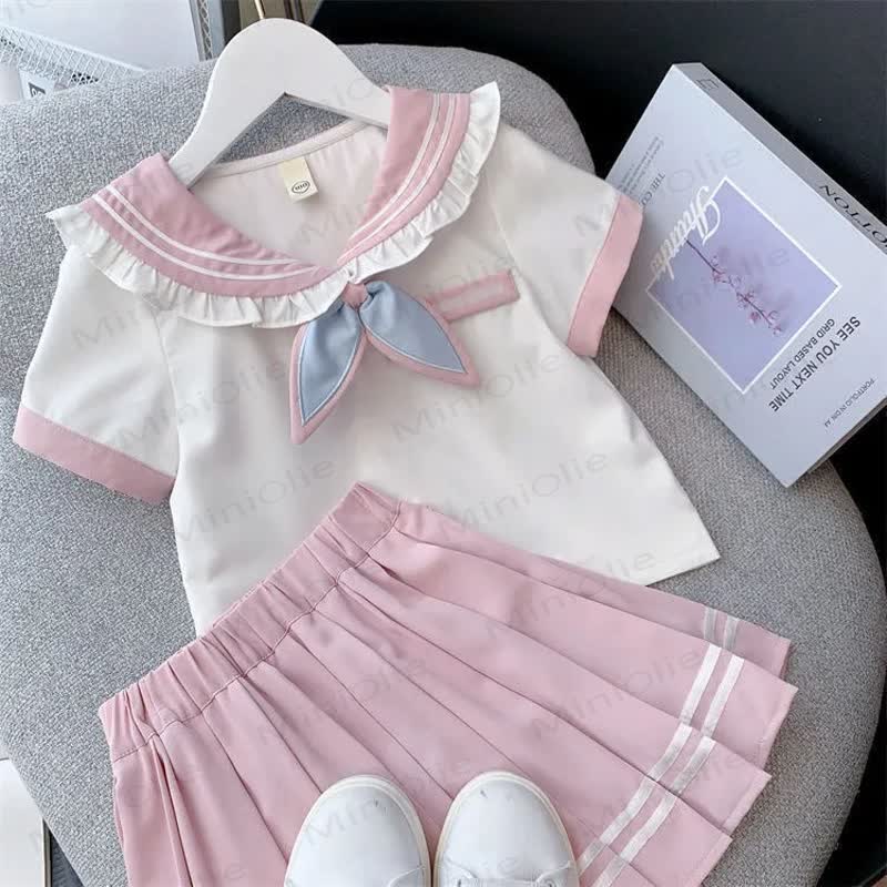 2-teiliges Set für Kleinkind und Mädchen: Matrosen T-Stück mit Rüschenkragen und Rock - Rosa - 10-11J - image 2