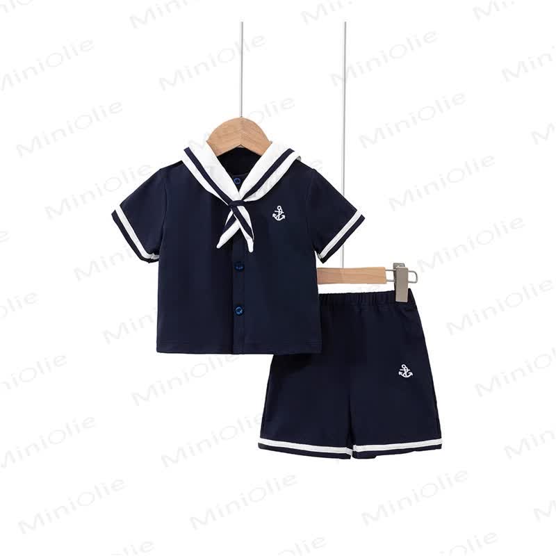 Klassisches nautisches Matrosenkragen- Spitze und Shorts , 2-teiliges Set für Kleinkind und Baby - Marineblau - 5J - image 1