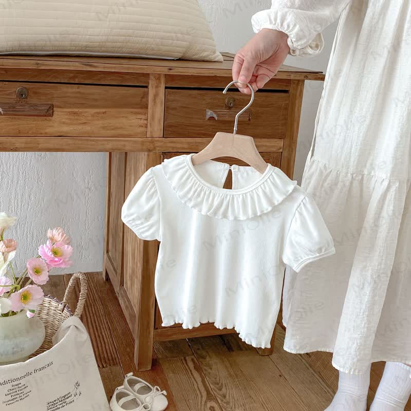 Sommer -T-Shirt für Kleinkind Mädchen mit Rüschenkragen und Puffärmeln - Weiß - 6-7J - image 2