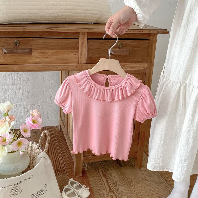 Sommer -T-Shirt für Kleinkind Mädchen mit Rüschenkragen und Puffärmeln - Rosa - 6-7J - image 3
