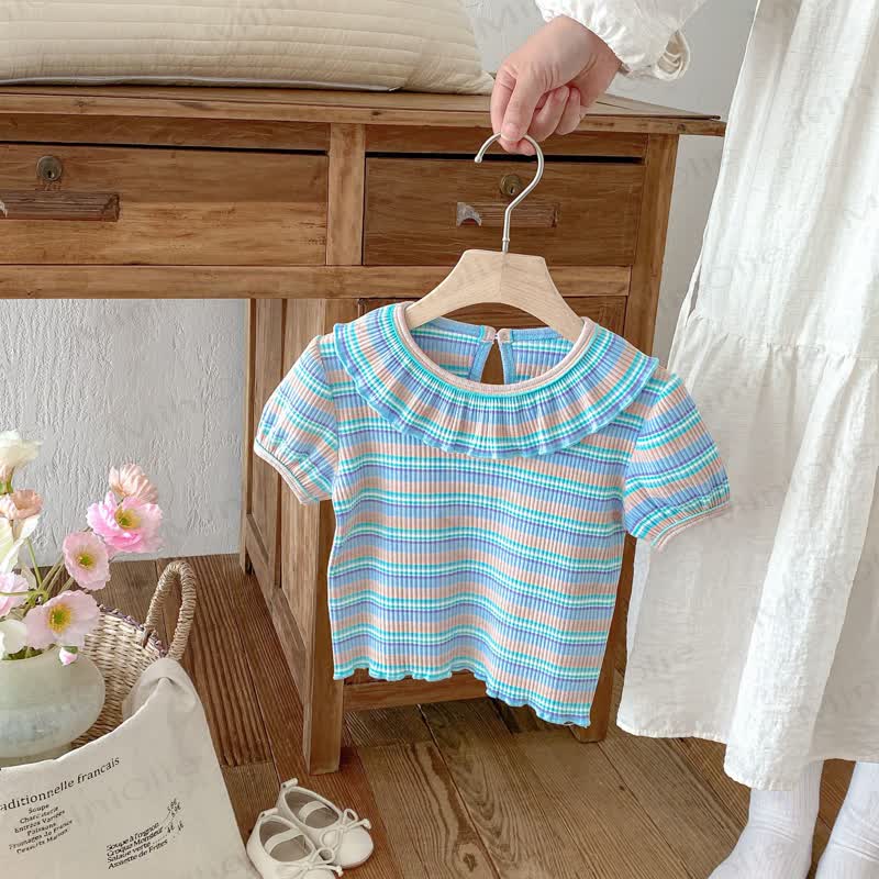Sommer -T-Shirt für Kleinkind Mädchen mit Rüschenkragen und Puffärmeln - Blau - 6-7J - image 4