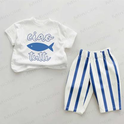 CIAO TUTTI Baby Fisch, Blau , vertikal Streifen , 2-teiliges Set - Weiß & Blau - 2-3J - image 1