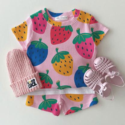 Baby Erdbeere Waffel T-Stück und Shorts , 2-teiliges Set - Rosa - 2-3J - image 1