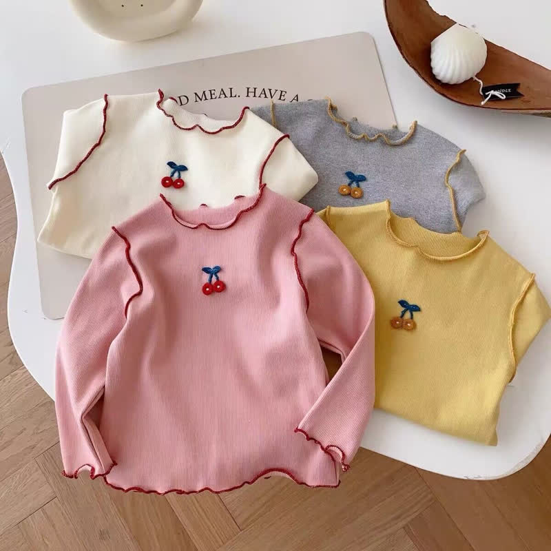 Baby Kleinkind Mädchen Kirsche Gestickt Gerippt T-Shirt - image 1