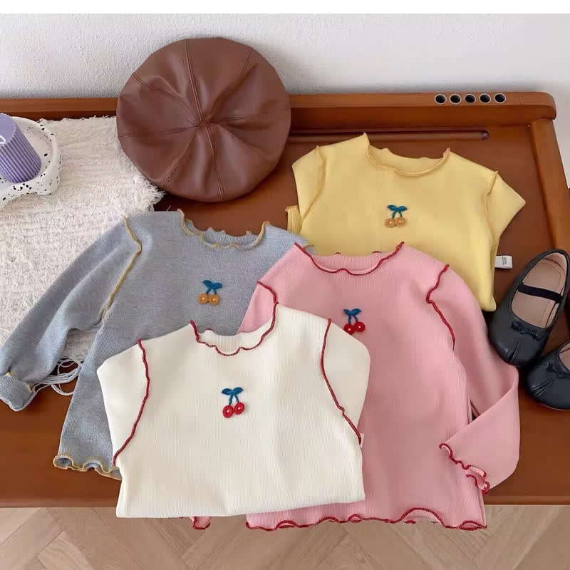 Baby Kleinkind Mädchen Kirsche Gestickt Gerippt T-Shirt - image 6