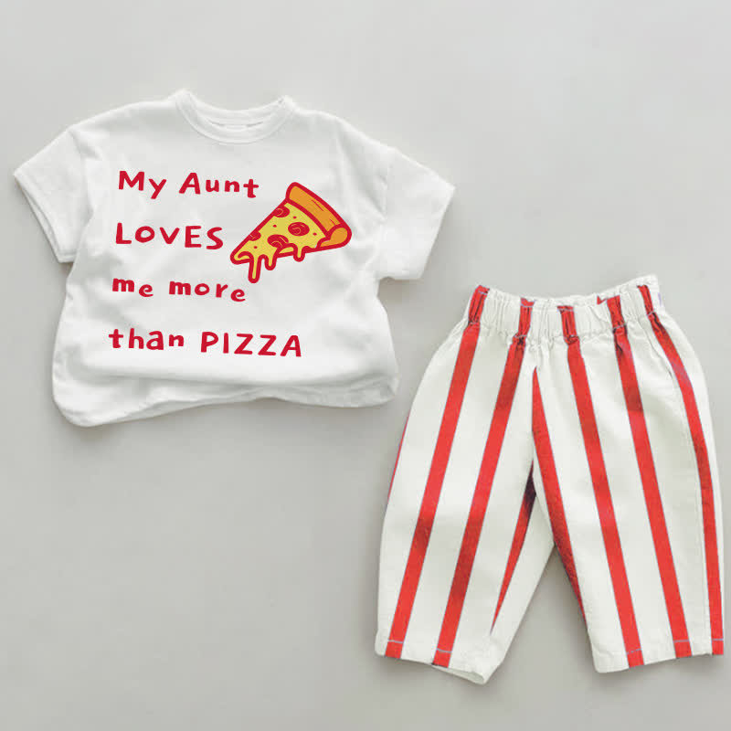 MY AUNT LOVES ME MORE THAN PIZZA Baby Weiß & Rot Vertikal Streifen 2-teiliges Set - Weiß & Rot - 4-5J - image 1