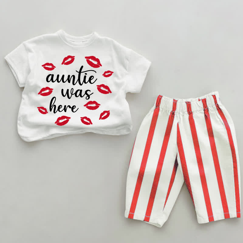 AUNTIE WAS HERE Baby Set , weiß & rot, vertikal Streifen, 2-teilig, mit dem Slogan „Tante war hier“ - Weiß & Rot - 4-5J - image 1