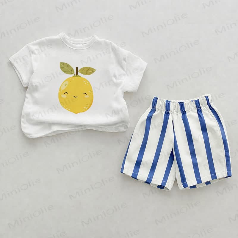 Baby Zitronenmuster Weiß-Blau Streifen 2-teiliges Shorts Set - Weiß & Blau - 2-3J - image 1