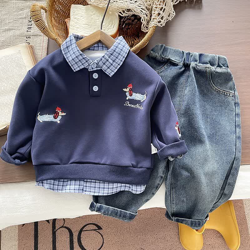 Kleinkind Baby -Dackel- Sweatshirt mit Lagenlook und Denim - Set (2-teilig) - Marineblau Set - 4-5J - image 2