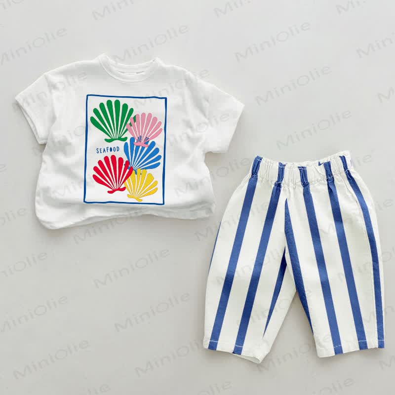 2-teiliges Set mit Baby -Muschelmuster in Blau mit vertikalen Streifen und SEAFOOD - Weiß & Blau - 2-3J - image 1