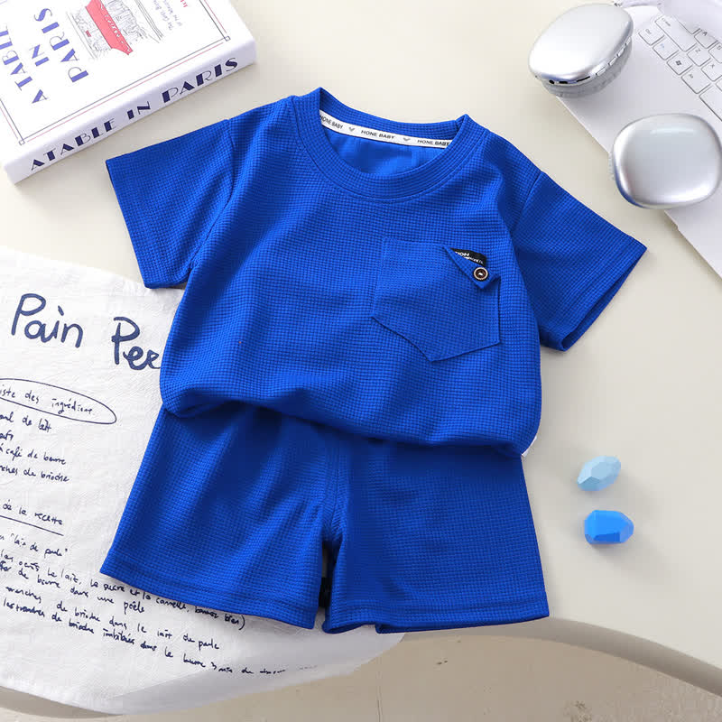Kleinkind Set , Einfarbig Waffel Spitze mit Taschen und Shorts , 2-teilig - Blau - 8-9J - image 2