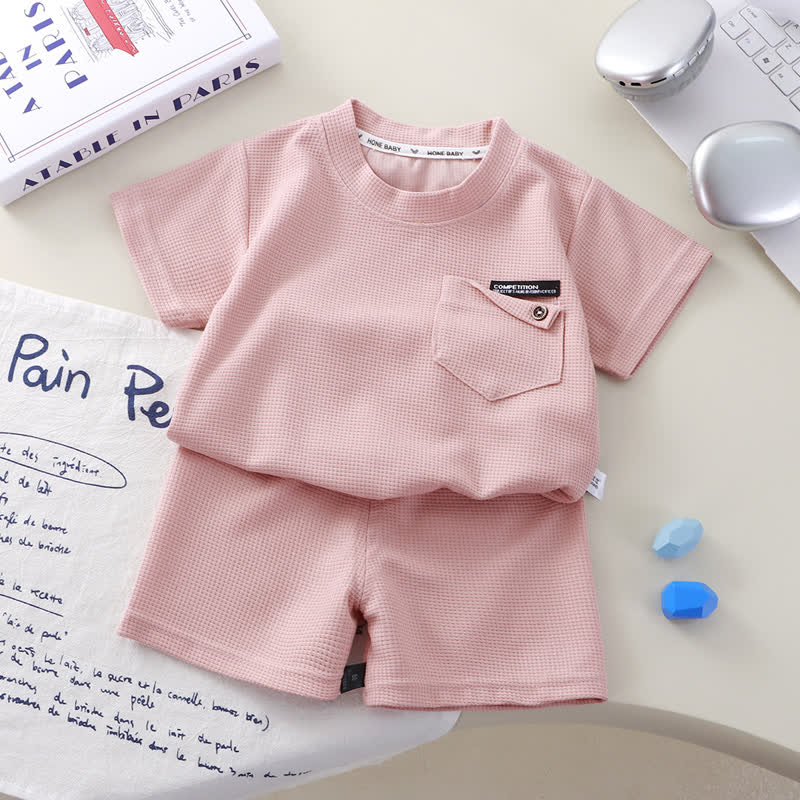 Kleinkind Set , Einfarbig Waffel Spitze mit Taschen und Shorts , 2-teilig - Rosa - 8-9J - image 3