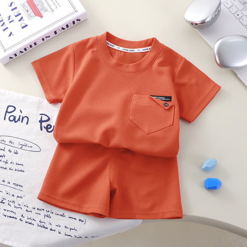 Kleinkind Set , Einfarbig Waffel Spitze mit Taschen und Shorts , 2-teilig - Orange - 8-9J - image 6