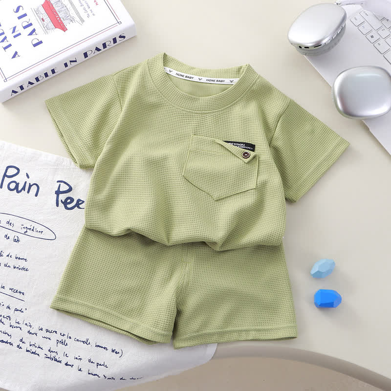 Kleinkind Set , Einfarbig Waffel Spitze mit Taschen und Shorts , 2-teilig - Grün - 8-9J - image 8